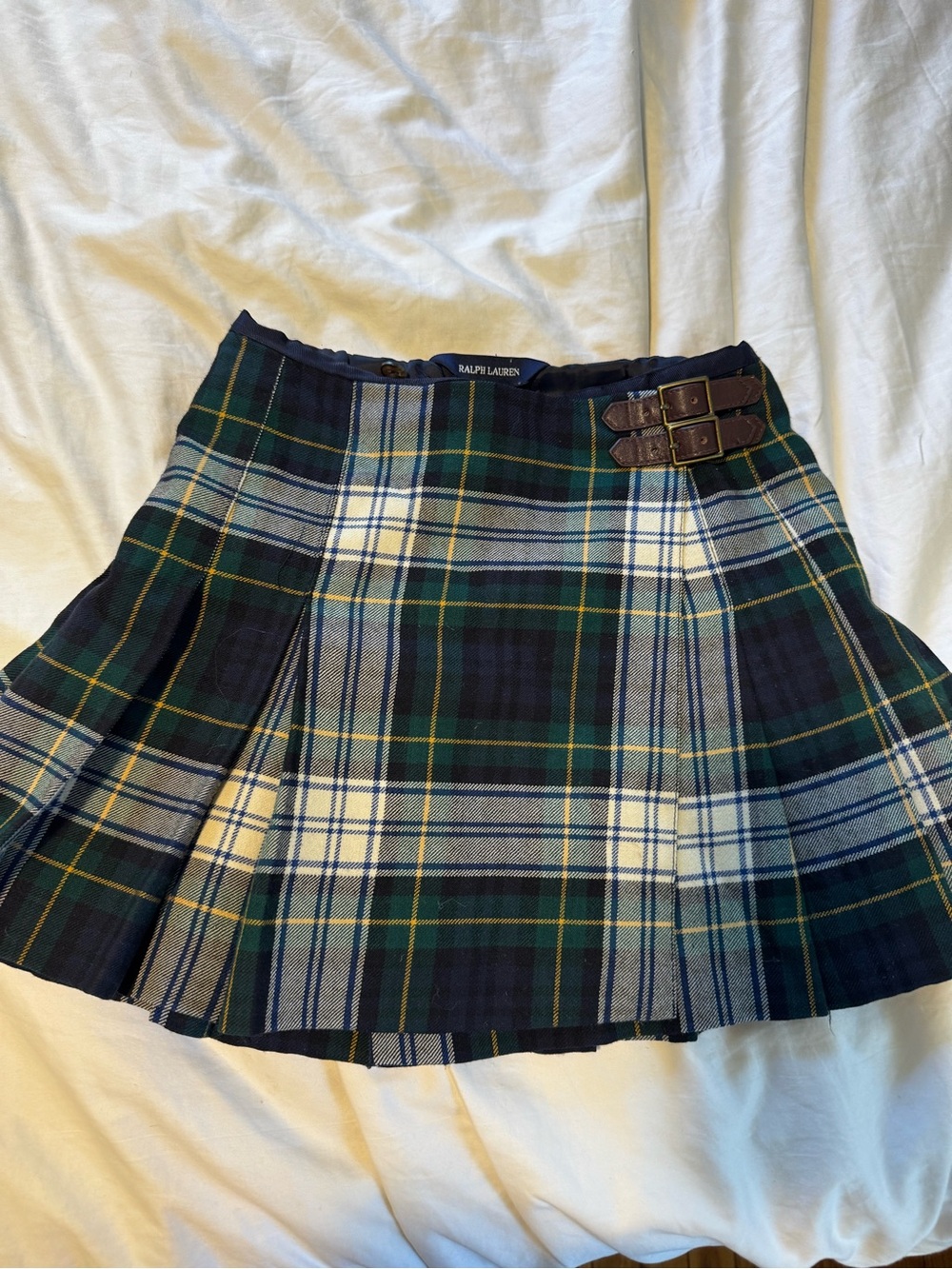 Ralph Lauren Girls Tartan Navy & Green Plaid Pleated Skirt, Buckle Detail Sz 6